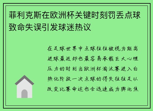 菲利克斯在欧洲杯关键时刻罚丢点球致命失误引发球迷热议