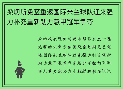 桑切斯免签重返国际米兰球队迎来强力补充重新助力意甲冠军争夺
