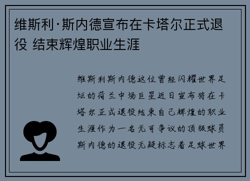 维斯利·斯内德宣布在卡塔尔正式退役 结束辉煌职业生涯 维斯利·斯内德宣布在卡塔尔正式退役 结束辉煌职业生涯